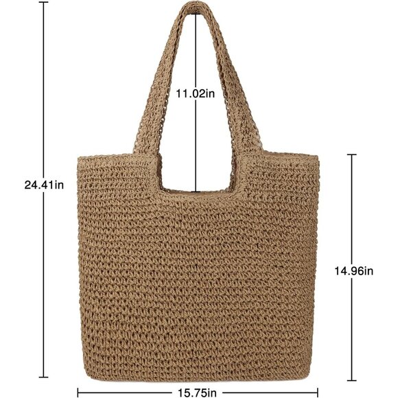Women's A Brown Large Straw Beach Bag Handmade Woven Shoulder Hobo Tote Handbag - Picture 4 of 6